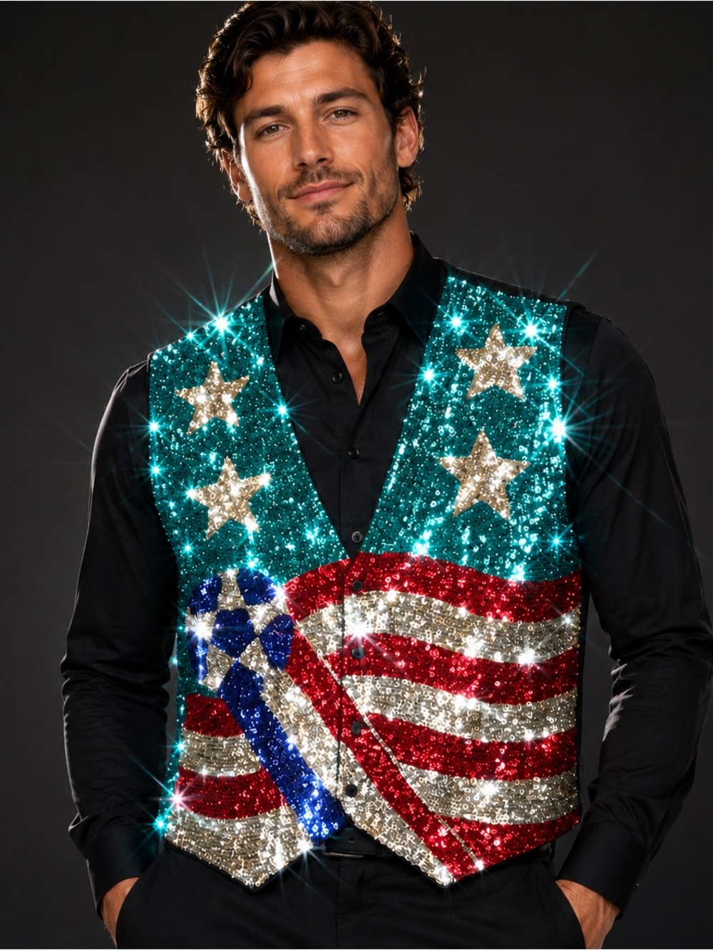 Vintage Patriotic USA Flag Sequin Vest Mens 3XL Red White Blue Americana Western